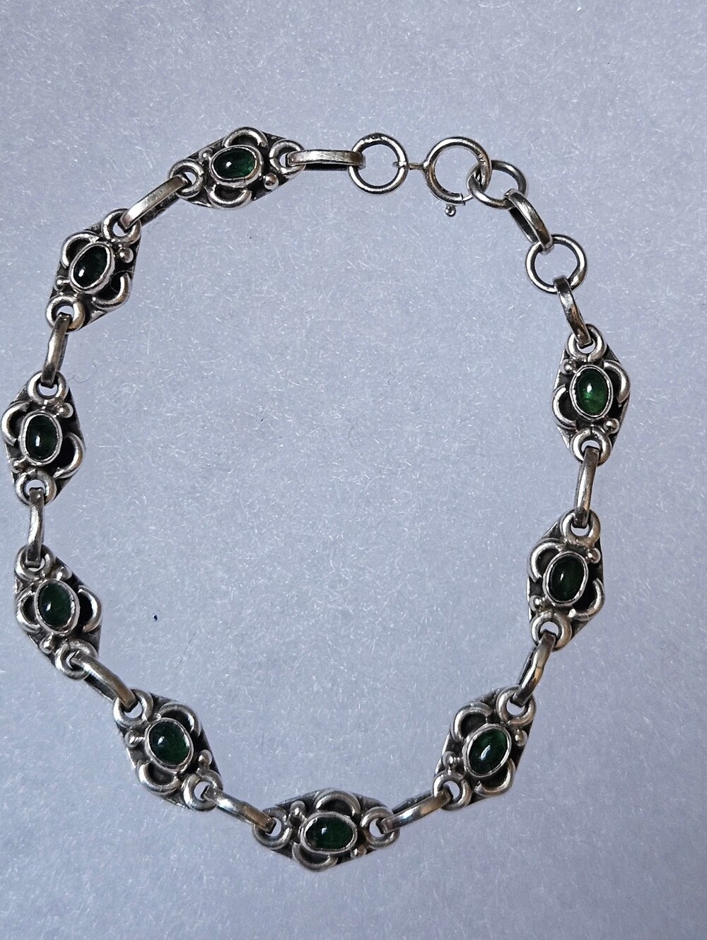 Vintage Emerald Sterling Silver Green Stone Link Bracelet Length 6.5"